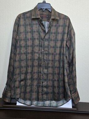 Etro Men’s Dress Casual Shirt Plaid Gingham Tropical Bird Size 41 / US L